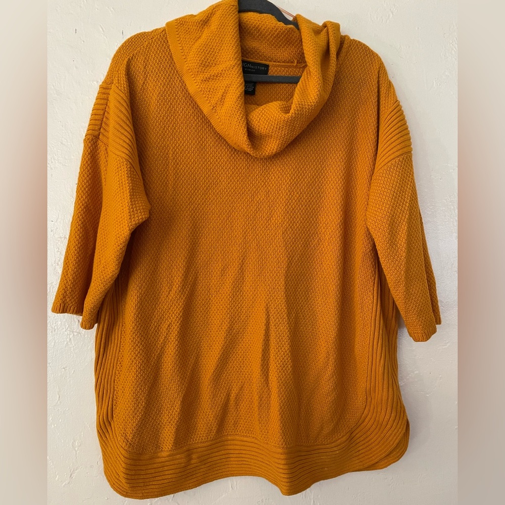 2xl curved hem cowl neck knit sweater mustard color